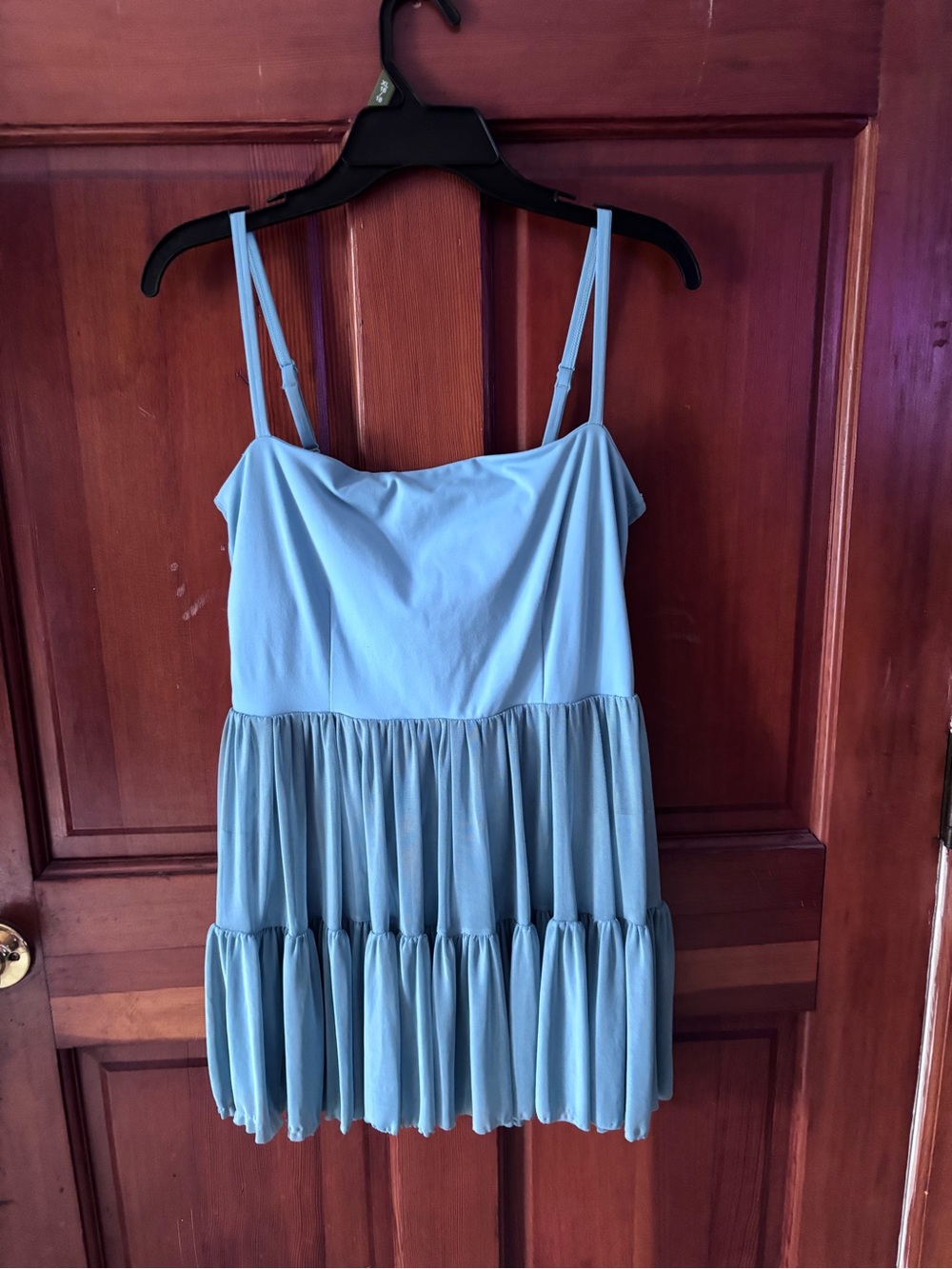 Tiered Spaghetti-Strap Mini romper in Light Blue
